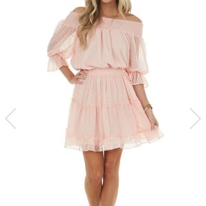 Lime Lush Boutique apricot swiss dot off the shoulder dress